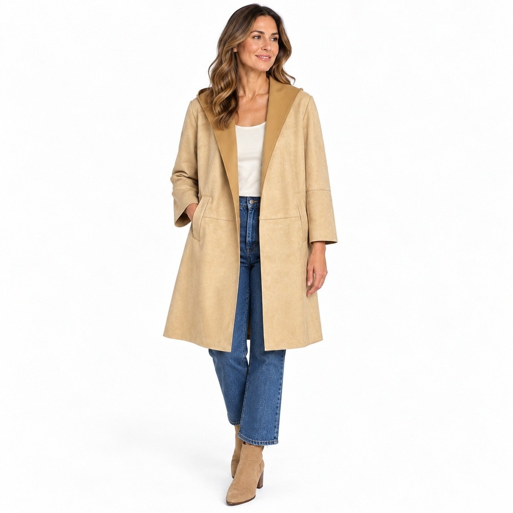 Zara Women Faux Suede Hooded Tan Open Front Jacket XS Essential Fall Western Job